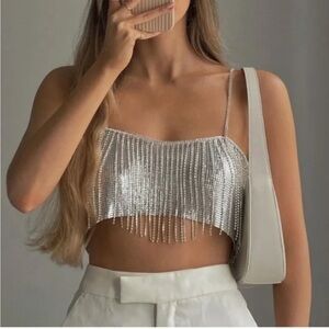 Zara Bloggers Favorite Silver Rhinestone Fringe Crop Top Women's Medium NWT